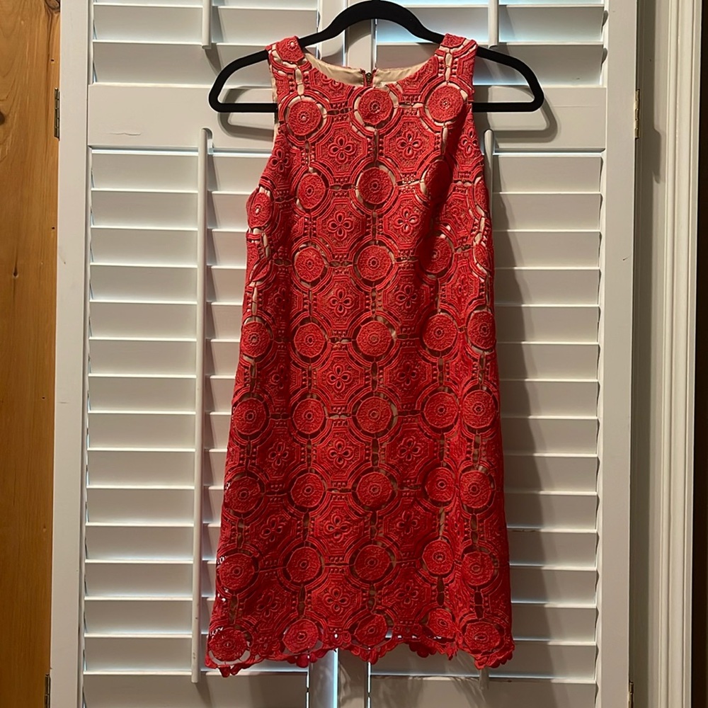 Eliza J dress. Nude satin with intricate coral lace overlay. Size 4P